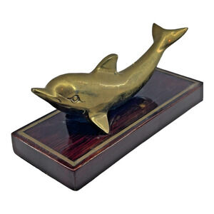 Brass Dolphin Sculpture on Wood Base by Great City Traders San Francisco Vintage